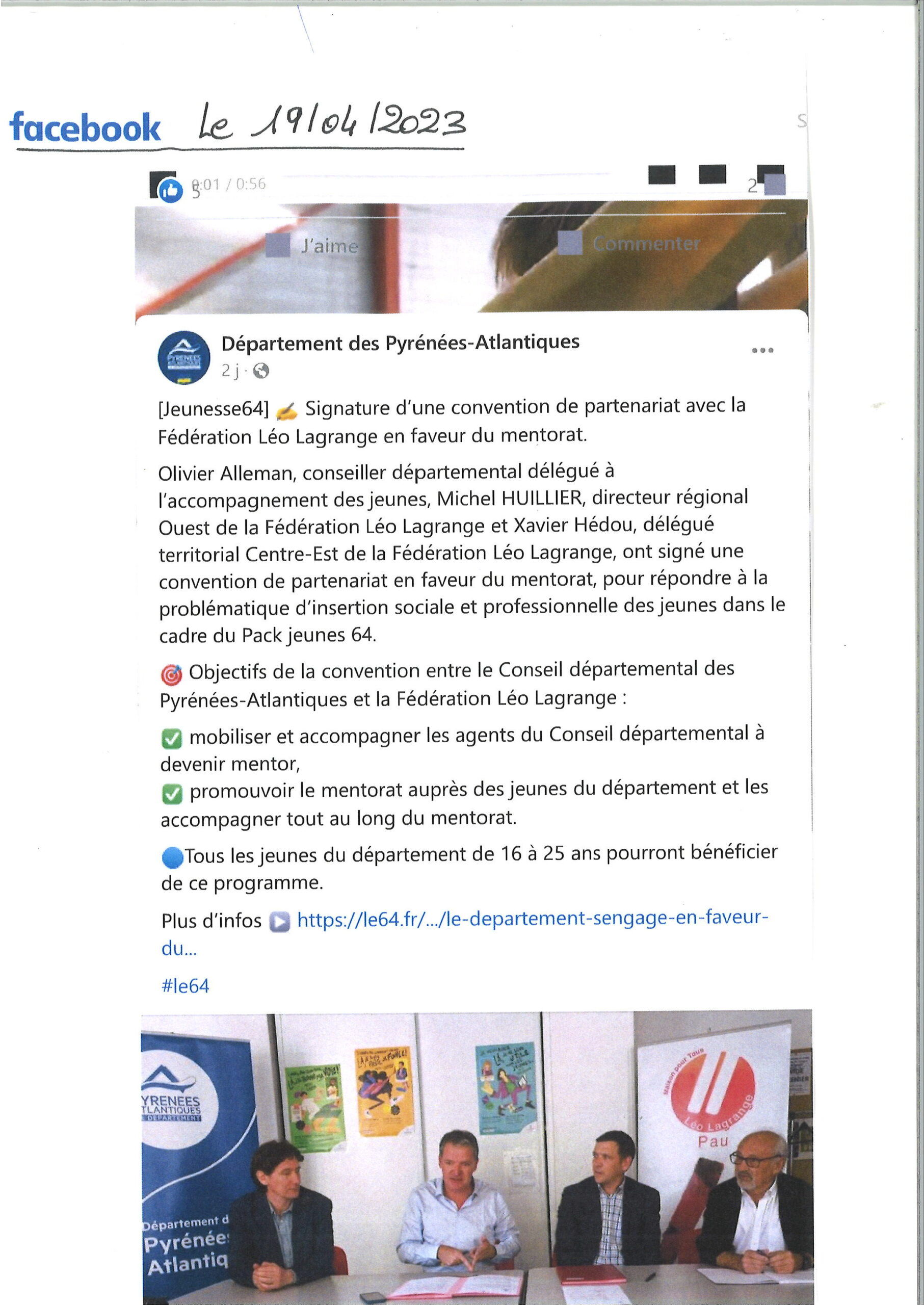 Article du 19 04 2023 dans Facebook sur la signature de la convention en partenariat entre le CD 64 et la Fédération Léo Lagrange en faveur du mentorat