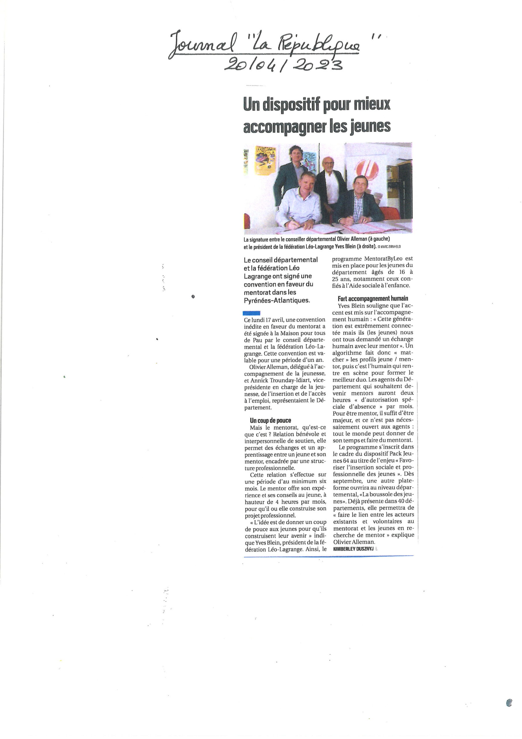 Article du 20 04 2023 du Journal la République sur la signature de la convention de partenarait entre le CD 64 et la Fédération Léo Lagrange en faveur du mentorat